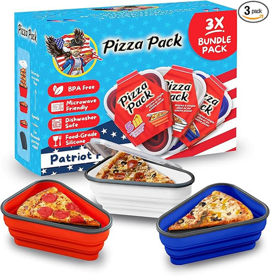 PIZZA PACK The Perfect Reusable Pizza Storage Container with 5 Microwavable Serving Trays - BPA-Free Adjustable Pizza Slice Container to Organize & Save Space, 3 Pack, Red, White, Blue