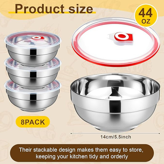 Honeydak 8 Pcs Stainless Steel Mixing Bowls with Lids Large Insulated Metal Double Walled Noodle Soup Snack Bowls Leak Proof Food Storage Container (44 oz)