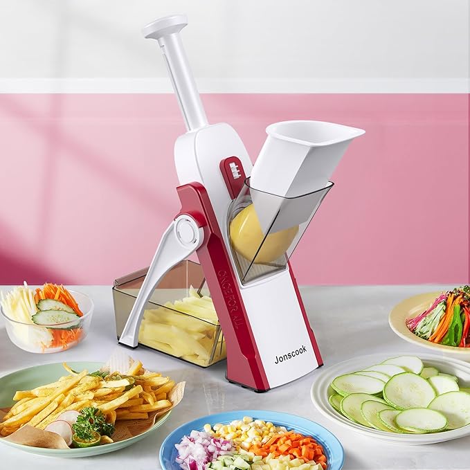 Safe Mandoline Slicer for Kitchen, Adjustable Thickness 0.1-8 mm, 5 in 1 Multi Vegetable Chopper, Potato Slicer, Food Chopper French Fry Cutte, with Paring Knife/Cleaning Brush, Mandolin (RoseRed)