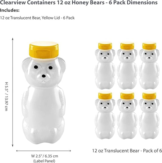 6 Pack of 12 Ounce Translucent Honey Bears with Sealable Yellow Flip Top Lids (12 oz. Translucent Bear, 6pk, Yellow)