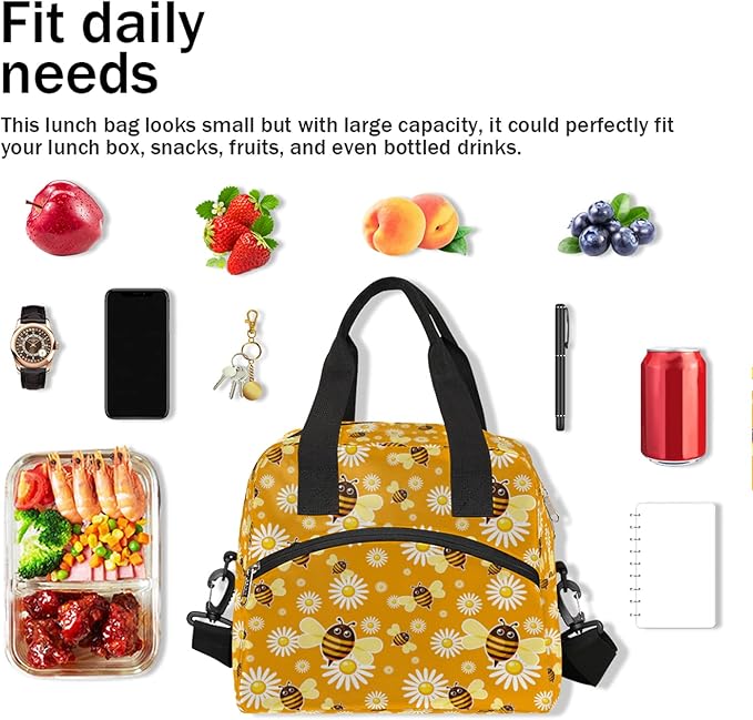 Pardick Yellow Bee Insulated Lunch Bag, Cute Flower Daisy Box with Shoulder Strap, Reusable Large Container for School, Office, Travel, Picnic, Beach, Outdoor Use