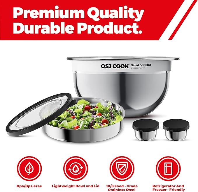 18/8 Stainless Steel Salad Bowl Kit - 51oz, Mixing Bowls with Lids Set, Silver - Comes with 1.7oz Condiment Container and Removable Tray for Organization - Leak-Proof, Easy to Clean, Dishwasher Safe