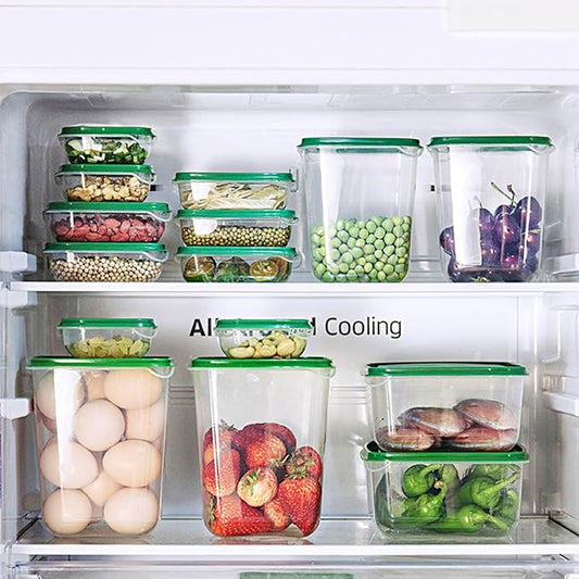 17PCS Food Container Green Fridge Bins, Leakproof Food Grade Plastic Various Sizes with Lid for Leftover Meals