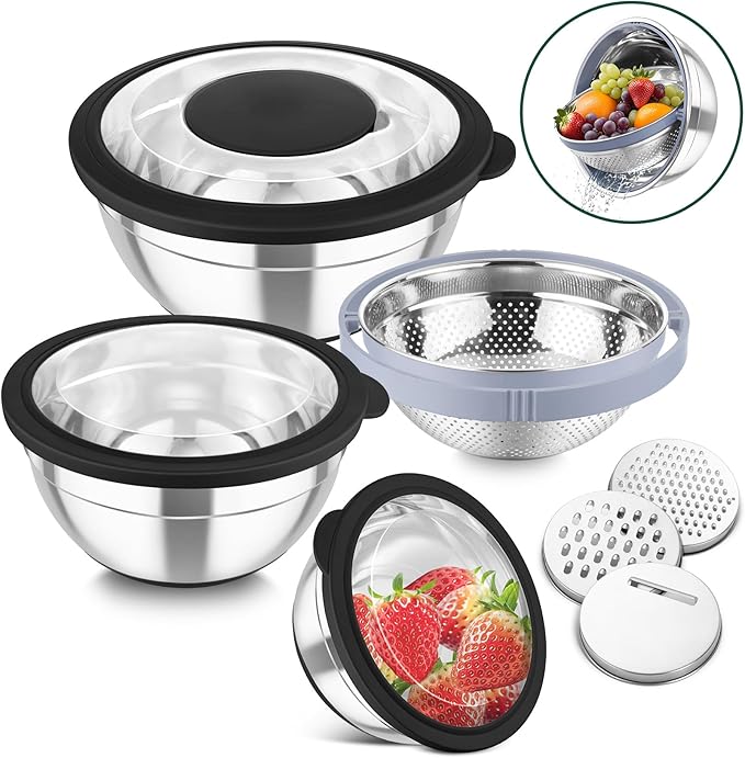 TeamFar Mixing Bowls with Colander Set, Stainless Steel Strainer and Nesting Salad Bowls, with Lids & 3 Graters, Non-Slip Bottom & Visible Lid, Rotatable & Dishwasher Safe, 4.6/3/1.5 QT, Black