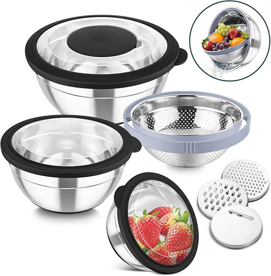 TeamFar Mixing Bowls with Colander Set, Stainless Steel Strainer and Nesting Salad Bowls, with Lids & 3 Graters, Non-Slip Bottom & Visible Lid, Rotatable & Dishwasher Safe, 4.6/3/1.5 QT, Black