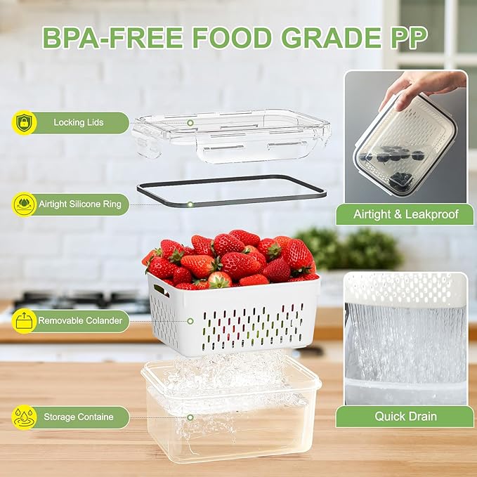 6 Pcs Large Fruit Containers for Fridge, Airtight Food Storage Containers with Removable Colander, Dishwasher and Microwave Safe, Berry Produce Container Keep Fruits, Vegetables, Meat Fresh Longer