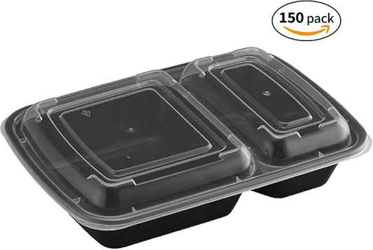 TIYA Takeout Food Containers - 32 oz Bulk 150 Pack with Lids - Plastic Compartment To-Go Boxes - Reusable, Microwavable, Dishwasher Safe - Leak-Proof for Restaurants & Meal Prep - BPA-Free