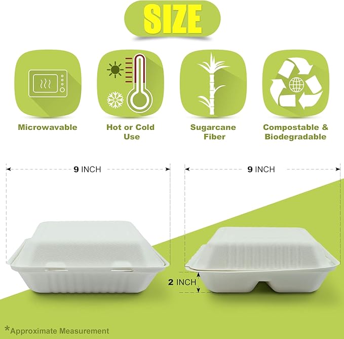 Green Earth 9-inch, 200-Count, 3-Compartment, Compostable Clamshell, Natural Bagasse (Sugarcane Fiber), Take-Out/to-Go Food Boxes - Biodegradable Containers, Hinged Lid Microwave-Safe Gluten-Free