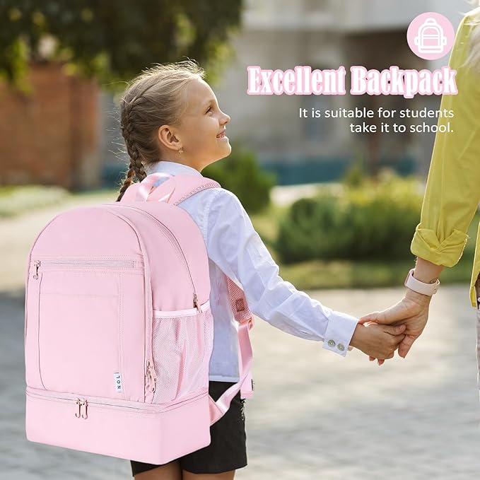 NOL Natural Organic Lifestyle Kids 2-in-1 Backpack & Insulated Lunch Bag - 16" Multi-Functional Large Compartments Backpack for School & Travel, Double Deck, Water Resistant, Leak-proof, Padded (Pink)