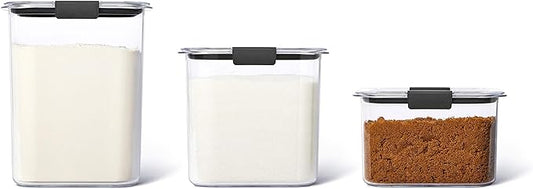 Rubbermaid Brilliance Plastic Food Storage Pantry Baking Set, 3 Containers with Lids (6 Pieces Total), BPA-Free, Clear