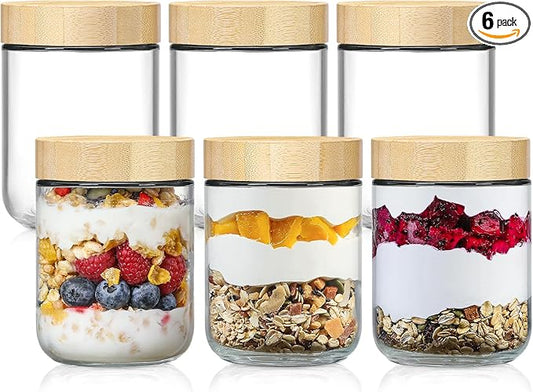 NETANY 6-pack 16oz Glass jars with Airtight Lids, Overnight Oats Containers with Bamboo Lids, Wide mouth Mason Salad jars, Glass Food Storage Containers for Snacks Yogurt Spice Sugar