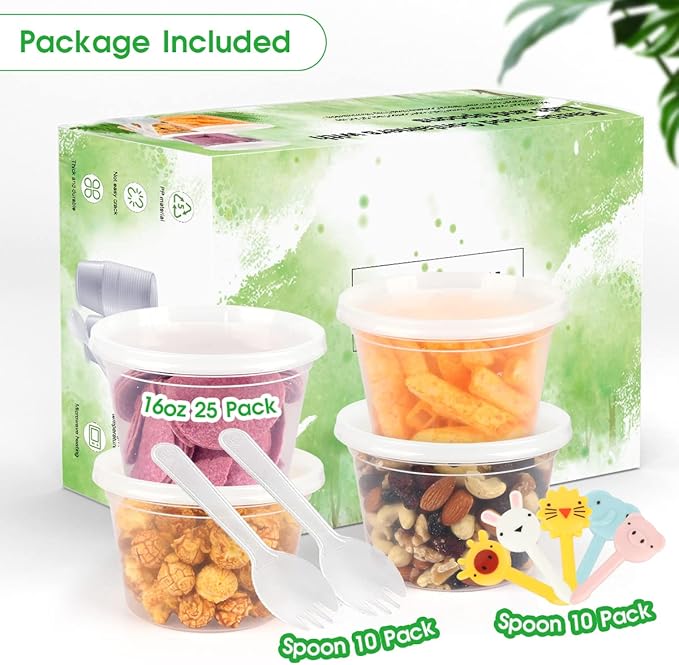 [50 Pack, 16oz] Food Storage Containers with Lids - BPA-Free | Airtight | Stackable Plastic Deli Containers (Includes 10 Spoons & 10 Forks), Dishwasher, Microwave & Freezer Safe