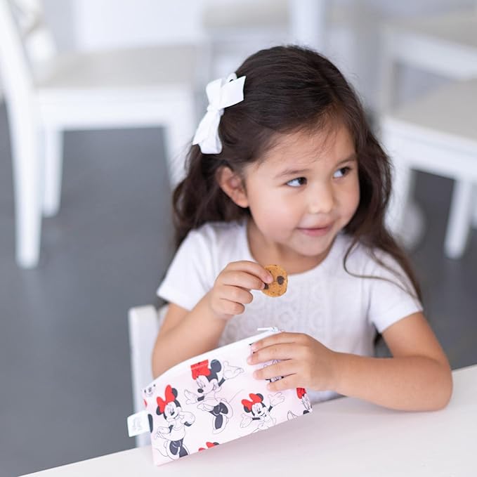 Bumkins Disney Reusable Snack Bags, for Kids School Lunch and for Adults Portion, Washable Fabric, Waterproof Cloth Zip Bag, Supplies Travel Pouch, Food-Safe, 2-pk Minnie Mouse Classic