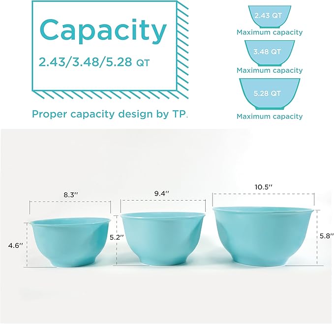 TP Mixing Bowls with Lids, 6-Piece Nesting Melamine Bowls Set for Prepping Serving Baking Cooking, Non Slip Bottom, Set of 3, Glossy Turquoise