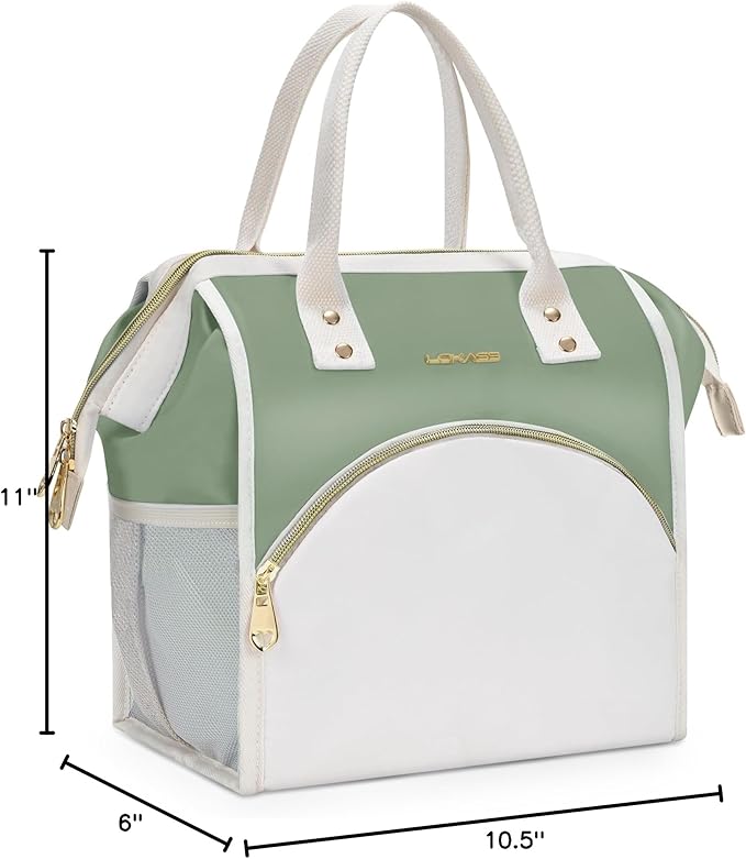 LOKASS Lunch Bag Women Insulated Lunch Box, Wide-Open Lunch Tote Bag Leak-proof Cooler Bag for Work Picnic-（Olive Green）