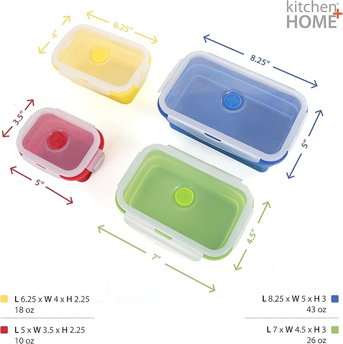 Thin Bins Collapsible Containers – Set of 4 Rectangle Silicone Food Storage Containers – BPA Free, Microwave, Dishwasher and Freezer Safe