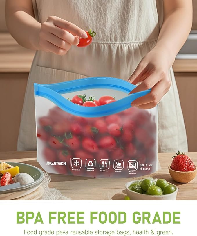 24Pack Reusable Food Freezer Bags Dishwasher Safe, Leakproof Storage Contaizers, Reusable Bags Various Size for Food Storage, BPA Free Resealable Baggies(8Gallon 8Quart 8Snack,Colored)