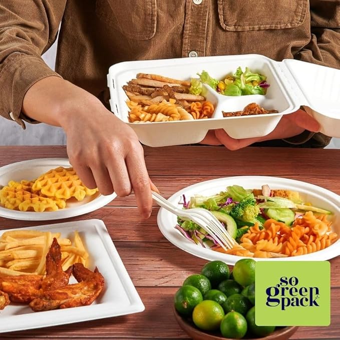 50 Packs Disposable 8x8 Clamshell with 3 Compartments Take-Out Container Compostable Biodegradable Bagasse & Eco-friendly To Go Container for Food