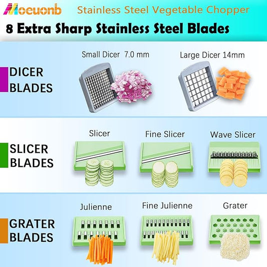 All-in-1 Vegetable Chopper with 8 Blades - Mandoline Slicer-Pro Food Chopper with Container - Veggie Salad Onion Chopper - Potato Dicer French Fry Cutter - Cheese Grater - Stainless Steel material