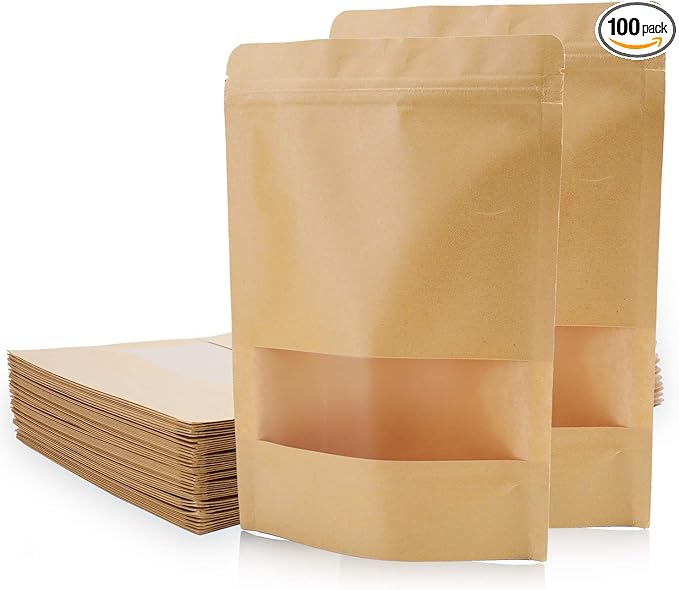Kingrol 100 Count 7 x 10.25 Inch Kraft Paper Bags with Resealable Lock Seal Zipper &Transparent Window, Stand Up Food Bags
