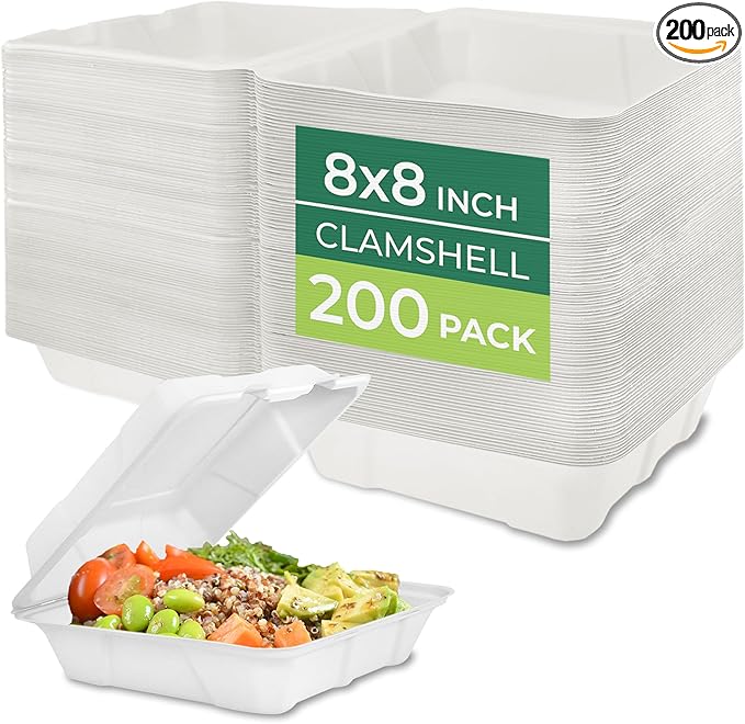 Freshware Clamshell Food Containers with Lids [8x8 200-Pack] Disposable To Go Containers, Biodegradable Sugarcane To Go Boxes - Paper Container - Microwave & Freezer Safe, Stackable