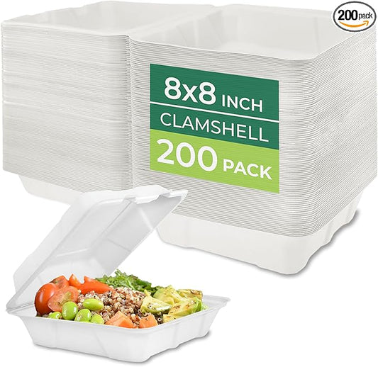 Freshware Clamshell Food Containers with Lids [8x8 200-Pack] Disposable To Go Containers, Biodegradable Sugarcane To Go Boxes - Paper Container - Microwave & Freezer Safe, Stackable