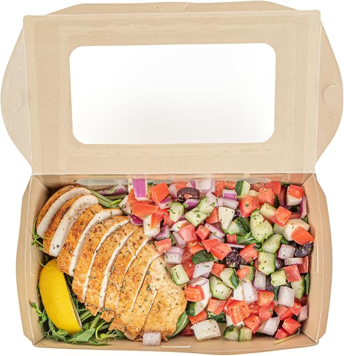 Restaurantware-Sustain 35 Ounce Sturdy Paper Take Out Boxes, 50 Disposable Take Out Food Containers - With PLA lining, Two Clear PLA Windows, Bamboo Paper Containers, Compostable, Tab-Lock Design