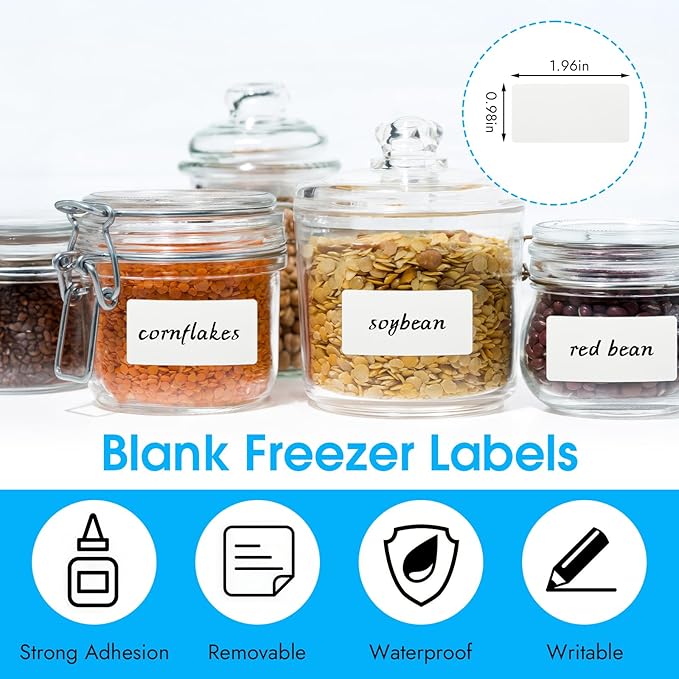 1000 Food Labels, Blank Removable Freezer Labels, Water and Oil Resistant Stickers for Food Containers, Jars and Pantry Organization (1” x 2”)