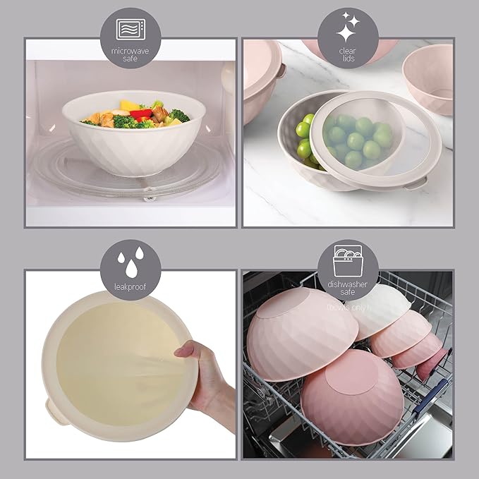 COOK WITH COLOR Mixing Bowls with Lids - 12 Piece Plastic Nesting Bowls Set includes 6 Prep Bowls and 6 Lids, Non Slip Bottom and Diamond Design - Microwave Safe (Mint)