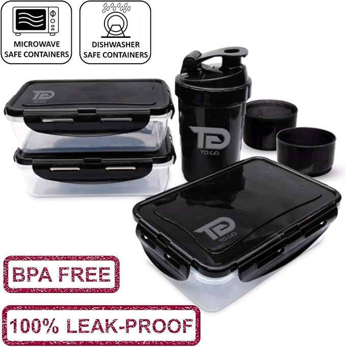 Meal Prep Bag Insulated Lunch Meals Bag W/6 Portion Control Containers,2 ICE PACKS, Shaker, Pill Box,With an Adjustable shoulder. bag for meals (Black)