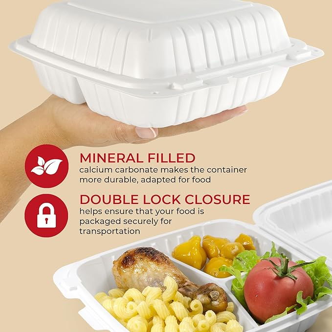 To Go Containers For Meal (60 Pack) 8" x 8" - 31oz 3 Compartments Clamshell Take Out Storage Containers Reusable - Disposable Boxes for Food - White Take Out Containers