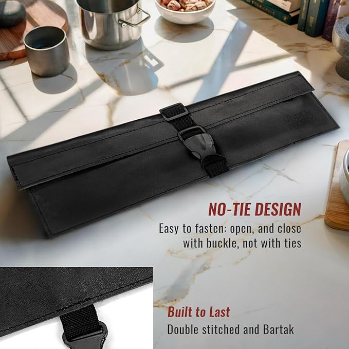 Under NY Sky Genuine Leather Knife Roll Case - 1 Slot - Real Leather Pouch - Portable Bag for Cooking Tools, Utensils, Cutlery Knives, Brushes - Chefs, Kitchen, Travel, Gift - Black L