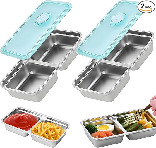 Grab and Go Snack Containers, Stainless Steel Double Compartment Snack Containers with Lids, Reusable Condiment Container-Dishwasher Safe,Travel & Outdoor Camping Food Storage (2pcs)