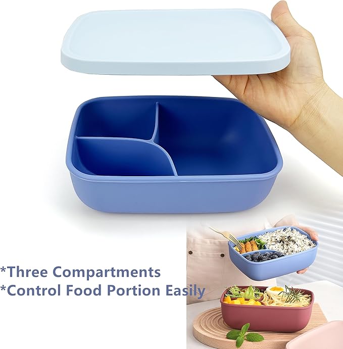 CARTINTS Silicone Lunch Box, Silicone Food Containers for Meal-Prep, Camping, Work, Silicone Bento Box with 3 Compartments and lid, Food Grade & Microwave Safe, 7.8'' x 5.5'', 1000ml
