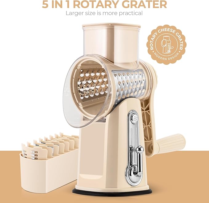 SUSTEAS Rotary Cheese Grater with Handle - Vegetable Shredder with 5 Well-designed Blades & Strong Suction Base,Round Mandoline Slicer & Food Chopper for Kitchen,with Blade Storage Box(Beige)