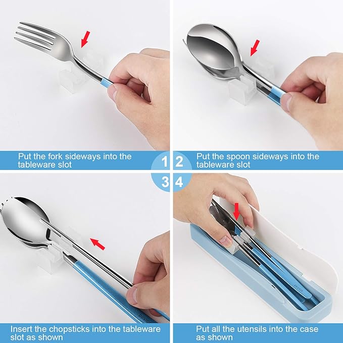 DEVICO Travel Utensils, 18/8 Stainless Steel 4pcs Cutlery Set Portable Camp Reusable Flatware Silverware, Include Fork Spoon Chopsticks with Case (Blue)