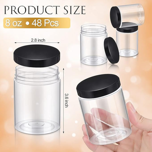 Aoriher 48 Pcs 8oz Plastic Mason Jars with Lids Round Clear Plastic Jars Containers Refillable Small Empty Storage Containers Food Canisters for Kitchen Storage(Black)