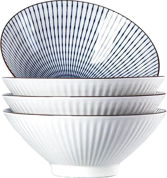 38 oz Japanese Ramen Bowl Set of 4 - Large 8 Inch Ceramic Soup Bowls, Blue and White Japanese Noodle Bowls for Pho, Ramen, and Cereal - Striped Patterns