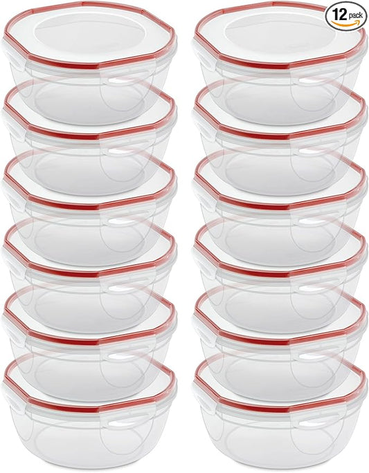 Sterilite Ultra-Seal 4.7 Qt Bowl, Large Airtight Food Storage Container, Latching Lid, Microwave and Dishwasher Safe, Clear With Red Gasket, 12-Pack
