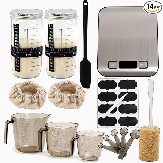 14pcs Sourdough Starter Jar Kit for Sourdough Bread Baking with Date Marked Feeding Band, Thermometer, Scraper, Digital Kitchen Scale,3 x Measuring Cups and 5 in 1 Spoons, Cleaning Cloth