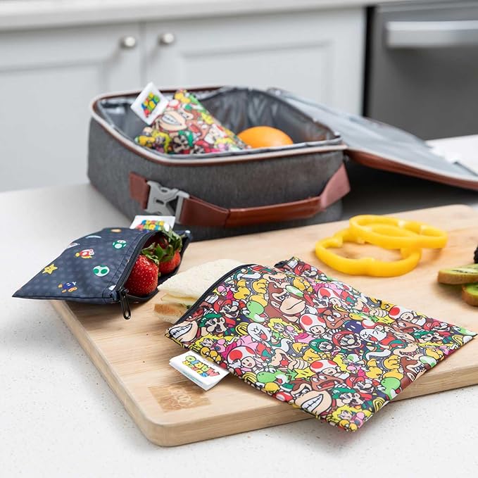 Bumkins Nintendo Reusable Sandwich and Snack Bags, for Kids School Lunch and for Adults Portion, Washable Fabric, Waterproof Cloth Zip Bag, Travel Pouch, Food-Safe, 3-pk Super Mario