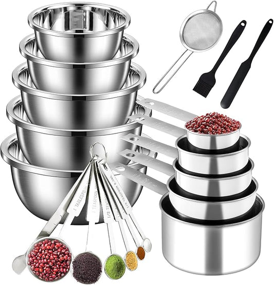 20Pcs Mixing Bowl Set,Stainless Steel Mixing Bowls,Large Nesting Bowls 4.1/3.2/2.4/2.1/1.4QT with Measuring Cups and Spoons Set,Fine Mesh Strainer,Jar Spatula,Brush for Baking Utensils Metal Bowl