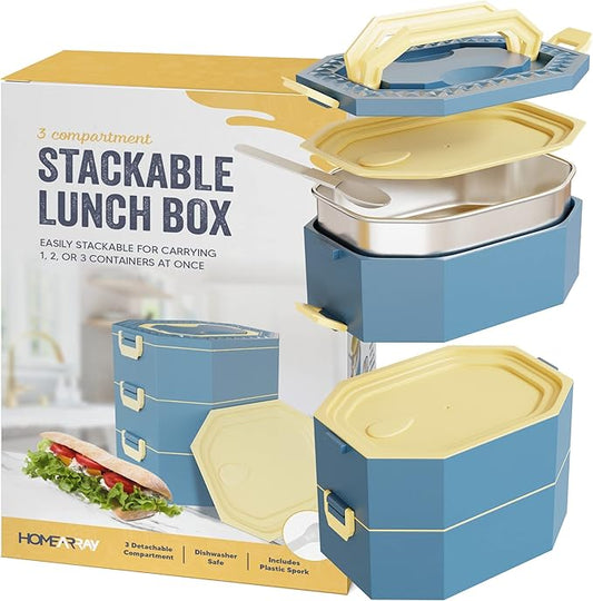Stainless Steel Stackable Bento Box Adult Lunch Box with Cutlery - Hot/Cold - Separates Ideal Portion Sizes - Reusable Tin Inserts - Dishwasher Safe - Stackable Lunch Container for Adults with Spork