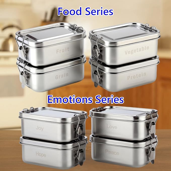 4 Pack Stainless Steel Lunch Box, 550ml Small Metal Bento Box Engraving Food Words, Reusable Dishwasher Safe Stainless Steel Containers for Work, Outdoor (Food, Small)
