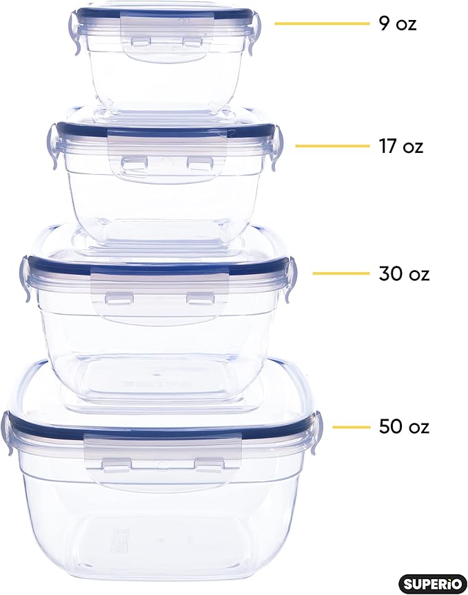 Superio Plastic Food Storage Container Set, BPA Free, Sealed Containers with Airtight Lids for Pnatry, Cupboard, and Fridge- Microwave and Dishwasher Safe (10) (4 Pack)