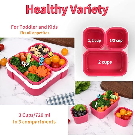 Genteen Small Kids Snack Containers for School 3 Compartment Travel Snack Containers with Dividers Portion Control Lunch box for Kids with Leak-proof Lids BPA Free (Dark Pink + Blue)