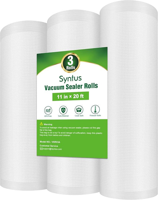 Syntus Vacuum Sealer Bags for Food, 3 Rolls 11" x 20' Commercial Grade Bag Rolls, BPA Free Food Vac Bags for Storage, Meal Prep or Sous Vide