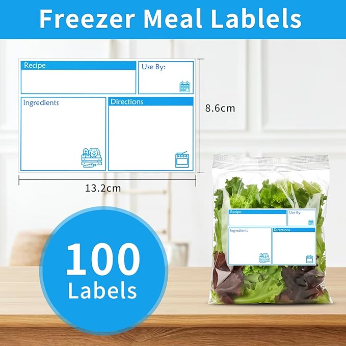 100pcs Labels for Freezer Bags Freezer Meal Labels with Instructions 3.2 X 5 inch Oil and Water Resistant Labels Food Labels for Freezer Storage for Leftovers in Fridge Removable Freezer (Blue)