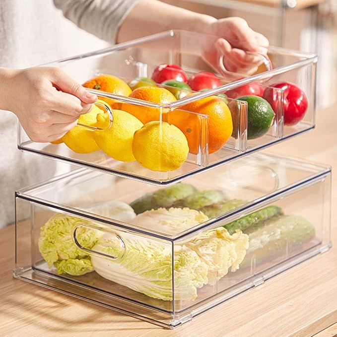 MineSign Stackable Fridge Drawer Pull-Out Bins with Handles 3 Pack Large Clear Food Container with Removable Dividers Refrigerator Storage box Divided Produce Saver for Pantry Kitchen