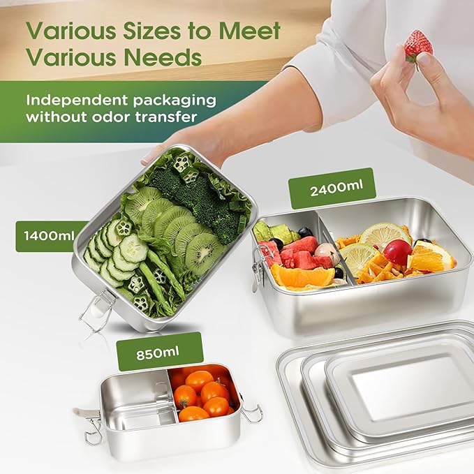 304 Stainless Steel Bento Box 3 Pack Stainless Steel Containers With Lids 81oz/47oz/29oz,Leak-Proof & Stackable Storage Stainless Steel Food Storage Containers for Soup Salad Leftover